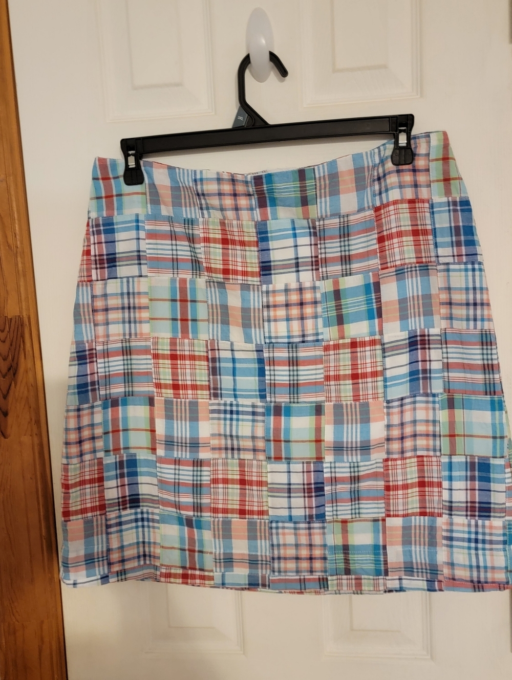 Talbots Woman Madras Plaid Patchwork Skirt Pink Blue Red Cotton 14w Knee Length